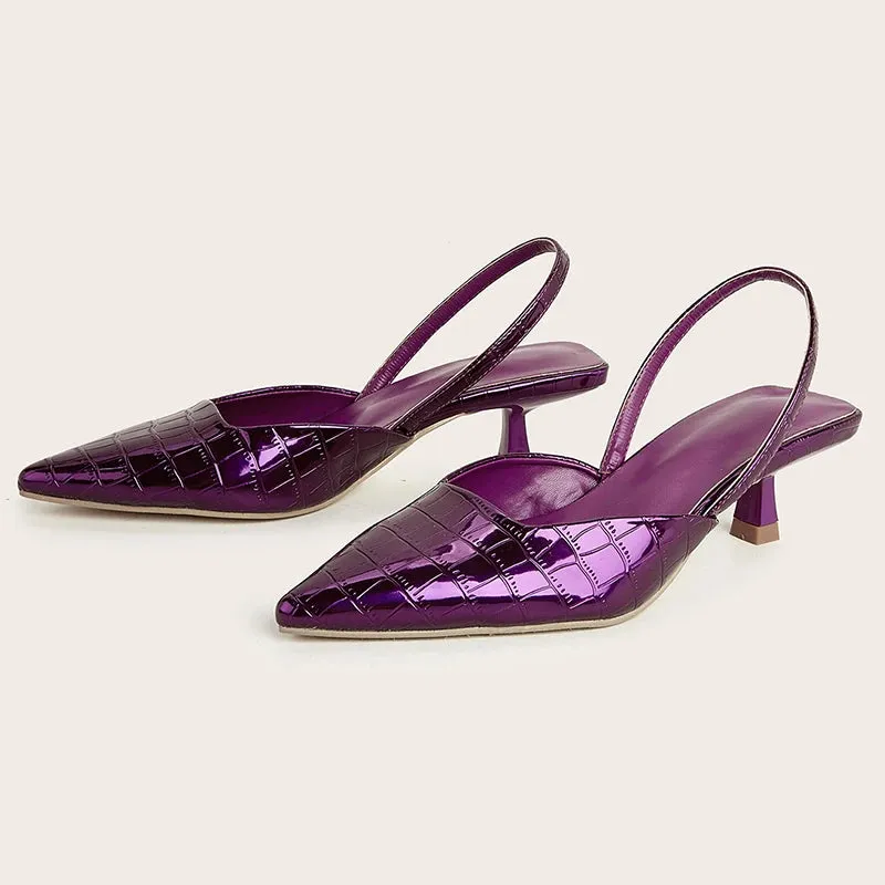 2024 Summer New Fashion Back Strap Stone Pattern Purple Pointed Toe Slingback Shoes Brand Wedding High Mules Low Heel Pumps