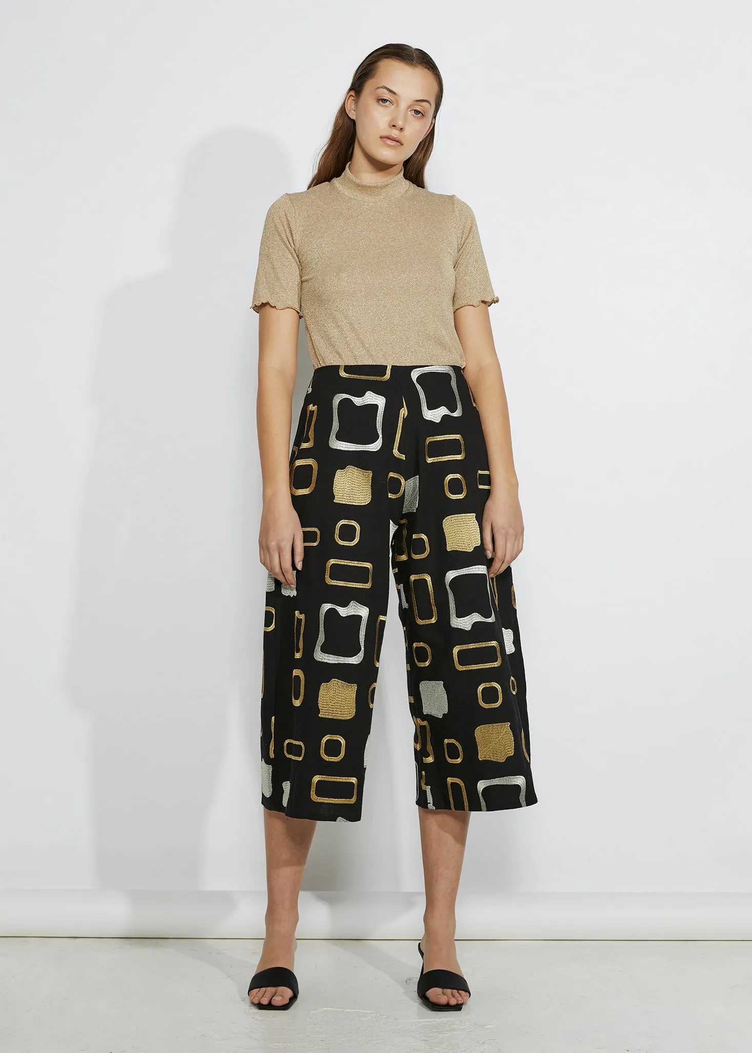 HEAVY METAL CULOTTES [ Gold, Silver Patterned Embroidery On Black Cotton ]