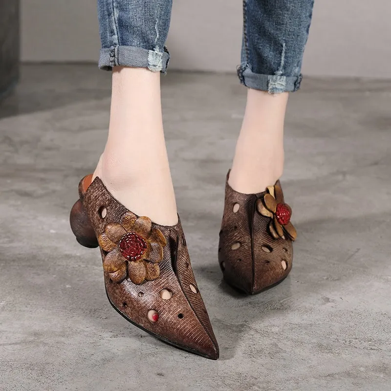 Retro Leather Mules Women Summer Slippers with Flowers in Coffee